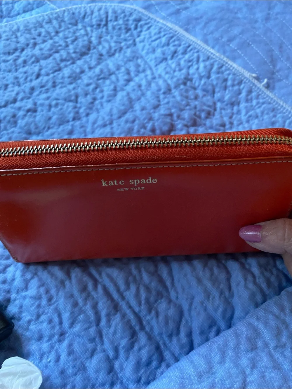 kate spade orange  Leather Zip Around Wallet with Gold Logo with pink inside